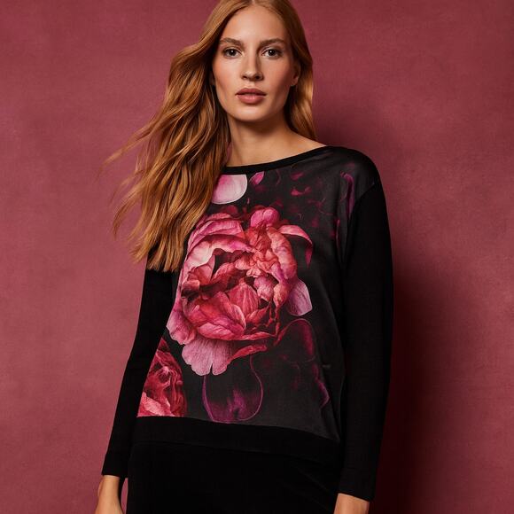 TED BAKER Loolie Splendour Floral Print Pullover Sweater Black Pink, Size 0 XS - Picture 1 of 6